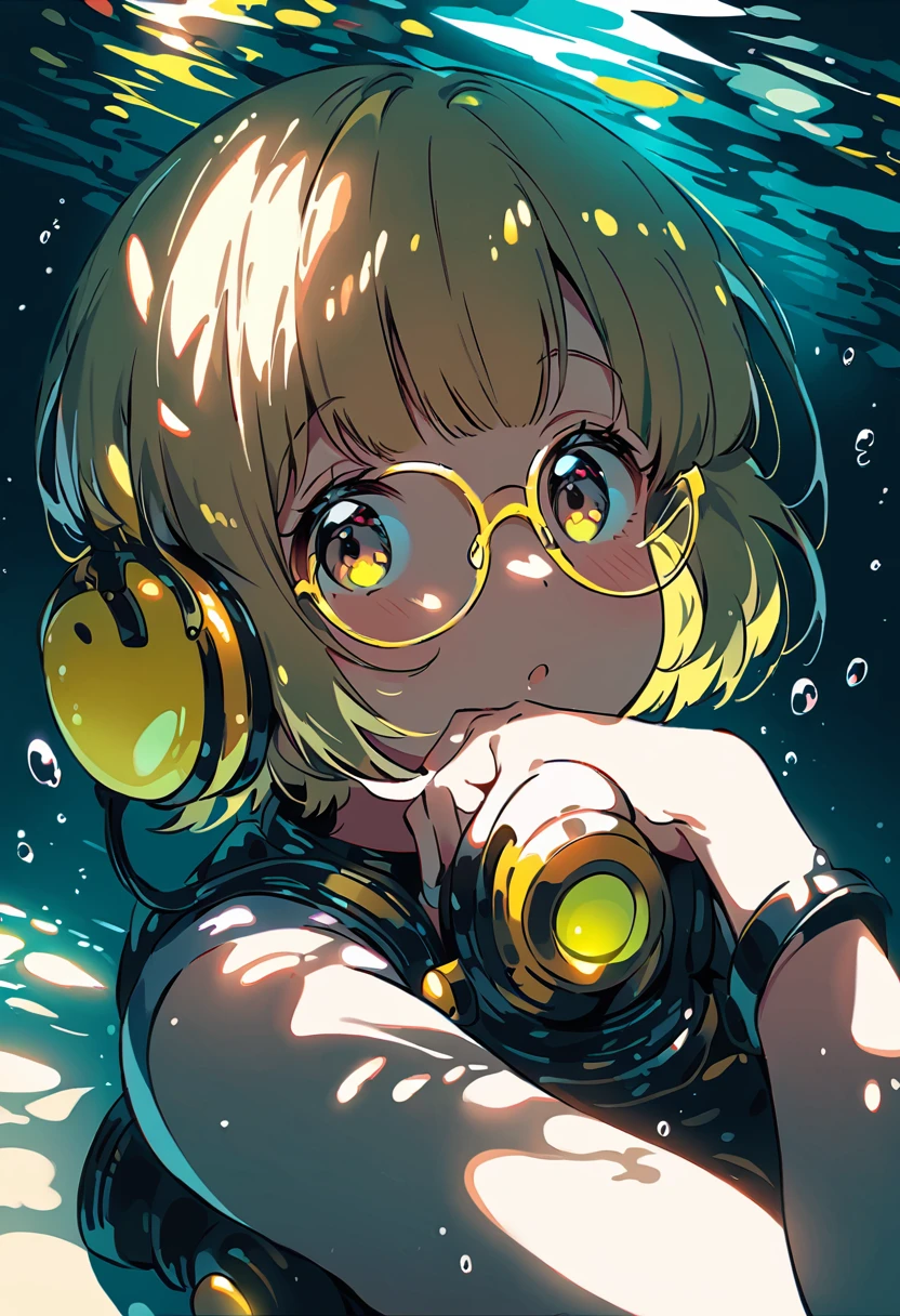 (extremely detailed fine touch:1.3), (hard light, studio light, light rays, dappled light, reflection, shadows, ray tracing:1.0), (2D:1.3), ///, kawaii girl, scuba diving, beautiful sea, playing with dolphin, (super very short hair:1.3), surrounded by shining light, (((yellow glasses:1.3))), underrim_metal, headphones,