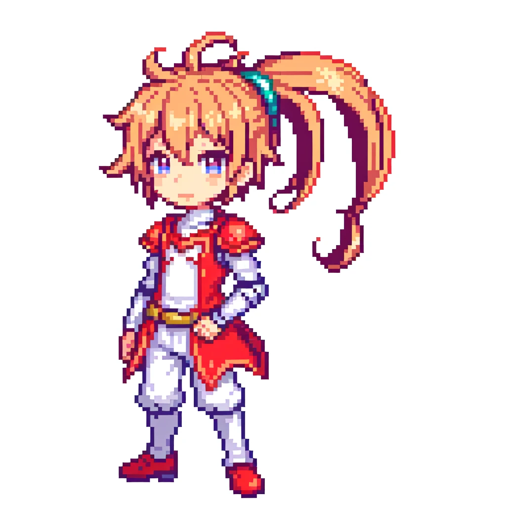 masterpiece , best quality , pixel art , 1 boy , fantasy clothes , full body , white background , hero , deformed , 128*128 dot picture , junior , red armour , worst pixels , chibi