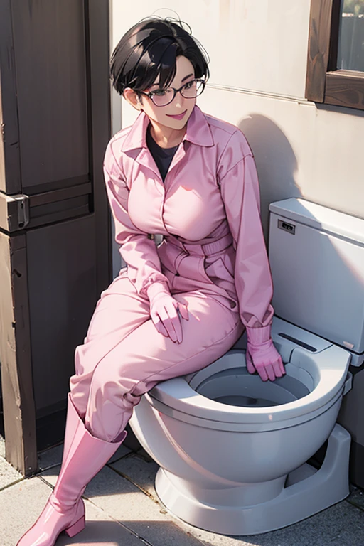 Wearing large pink rubber gloves and white rubber boots、A mature woman with short hair, glasses and black hair wearing a blue long-sleeved jumpsuit cleans a dirty public toilet in a park with a gentle smile