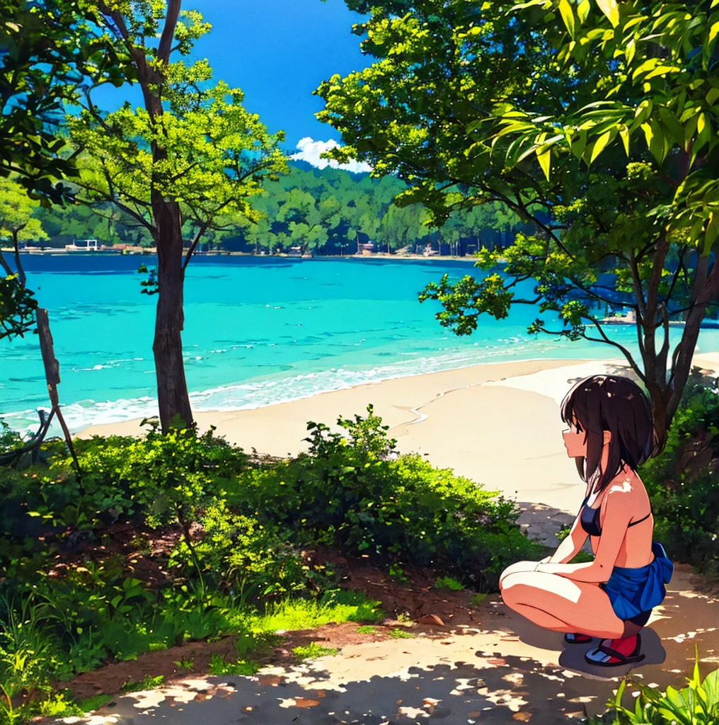 a bikini girl squatting on the ground near water and trees that look like it's from a japanese anime