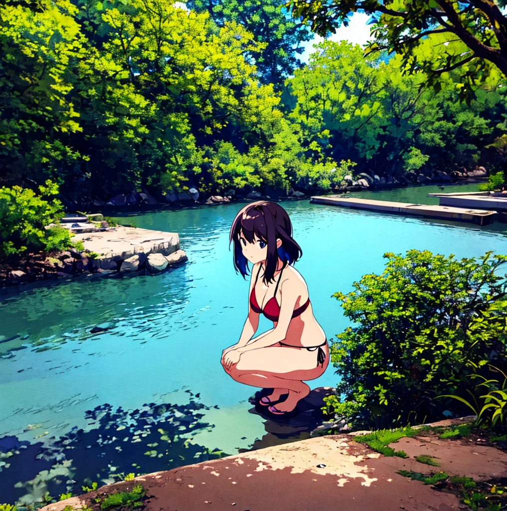 a bikini girl squatting on the ground near water and trees that look like it's from a japanese anime