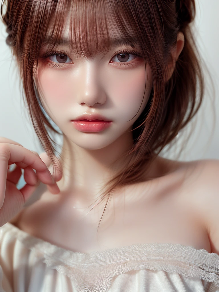 masterpiece, 1 beautiful girl, fine grain, Swollen eyes, highest quality, Ultra High resolution, (reality: 1.4), Cinema Lighting, Japanese, Asian Beauty, Korean, so beautiful, Beautiful Skin, thin, Body facing forward, (Ultra-realistic), (High resolution), (8k), (Very detailed), ( Best illustrations), (Beautiful and exquisite), (Very detailed), (wallpaper), Detailed face, Bright lighting, Professional Lighting, View your audience, Look straight ahead, White Dress, 46 point diagonal bangs, White Background、Off-the-shoulder dress 1.5、Lace fabric、Transparency、Transparency