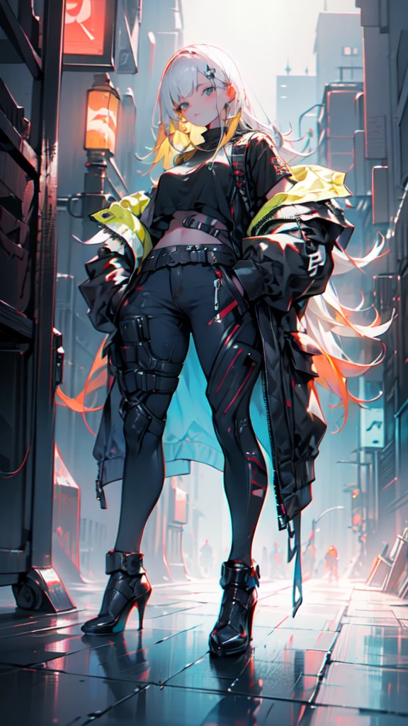 1 girl, long Yellow hair , cyberpunk, blue eyes, high heels, hand in pocket, best quality, 4k, 8k, highres, masterpiece:1.2, ultra-detailed, realistic, photorealistic, photo-realistic:1.37, HDR, UHD, studio lighting, ultra-fine painting, sharp focus, physically-based rendering, extreme detail description, professional, vivid colors, bokeh, cyberpunk, science fiction, neon lights, dark atmosphere, dramatic lighting
