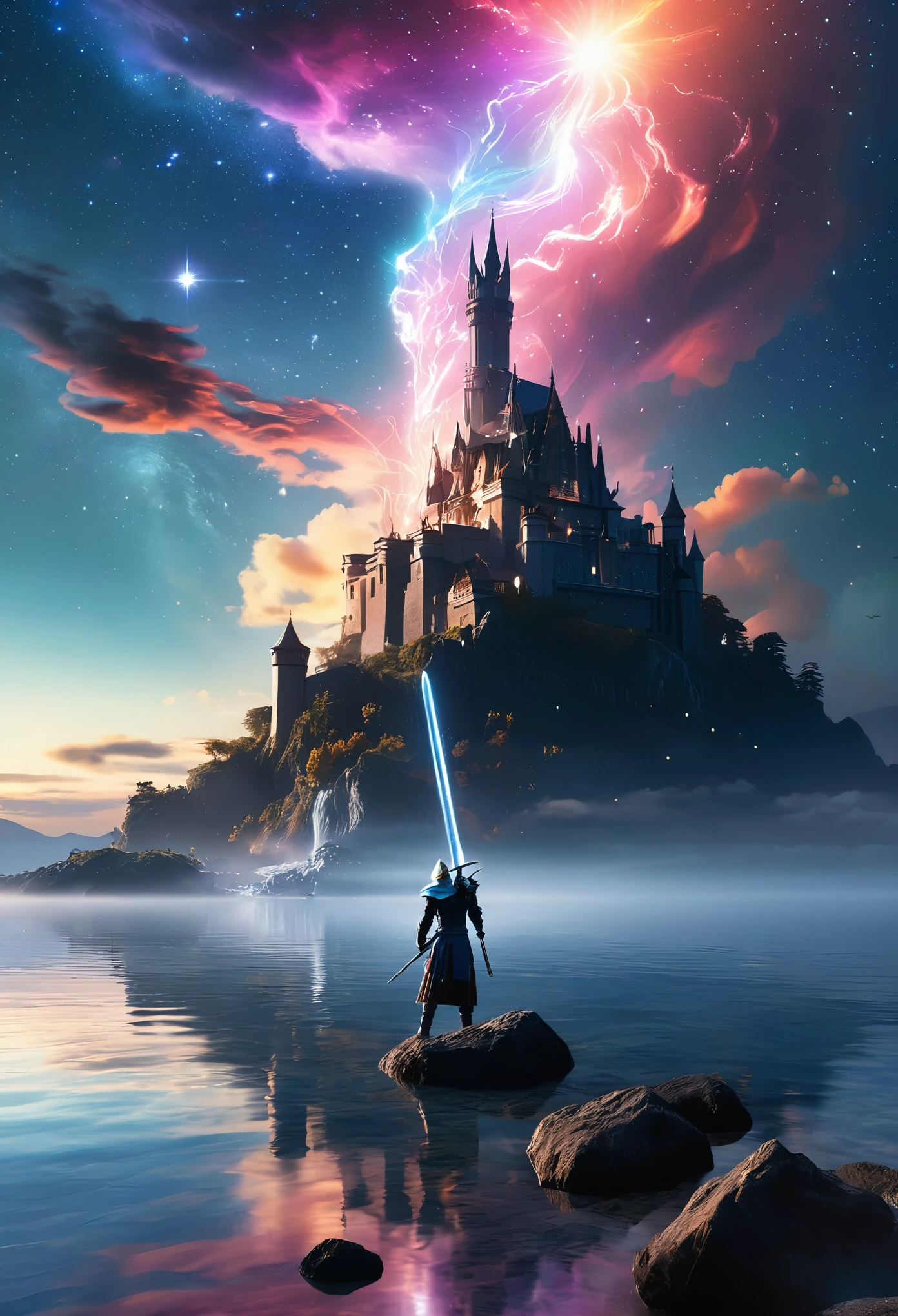 (8k, highest quality, masterpiece, final fantasy style: 1.2), (unrealistic, photorealistic: 1.37), (one mage lady standing on lake side, huge bouncing bust, with sword with fire, Her sword shines into the heavens:1.1), Dreamy landscape, Fantasy, Unsurreal landscapes, Super detailed, Flying medieval castle, Floating Island in the Sky, Seven-colored swirl of light, (流星のMr.に空を舞う光り輝く尾の長い小鳥:1.3), Aurora, Intense lightning, milky way, Complex Light, Mr.々Colored light, Large Lake, Starry sky reflected on the lake surface, Countless shining stars, Meteors, Many meteors, Aura of, (A pillar of light emanated from the ground:1,2), 複雑な文Mr.の魔法陣,