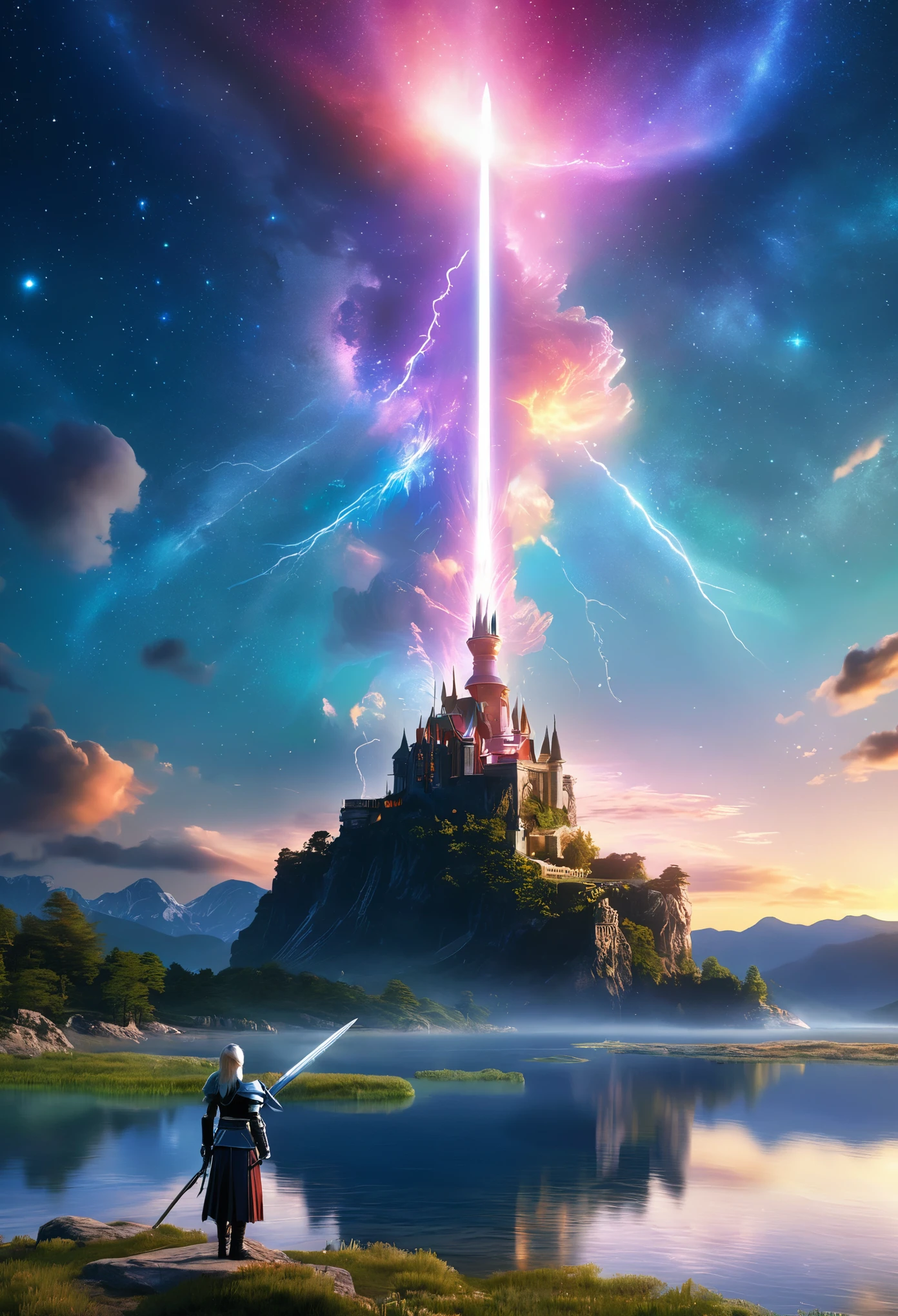 (8k, highest quality, masterpiece, final fantasy style: 1.2), (unrealistic, photorealistic: 1.37), (one mage lady standing on lake side, huge bouncing bust, with sword with fire, Her sword shines into the heavens:1.1), Dreamy landscape, Fantasy, Unsurreal landscapes, Super detailed, Flying medieval castle, Floating Island in the Sky, Seven-colored swirl of light, (流星のMr.に空を舞う光り輝く尾の長い小鳥:1.3), Aurora, Intense lightning, milky way, Complex Light, Mr.々Colored light, Large Lake, Starry sky reflected on the lake surface, Countless shining stars, Meteors, Many meteors, Aura of, (A pillar of light emanated from the ground:1,2), 複雑な文Mr.の魔法陣,