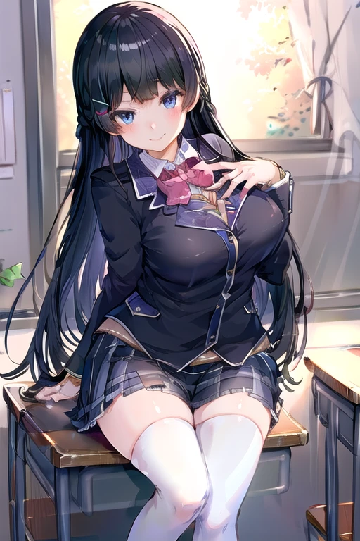 tsukino mito, Long Hair, Virtual YouTuber, skirt, Knee socks, Black Hair, Jacket, bow, blazer, black Jacket, Hair Clip, hair ornaments, white Knee socks, bangs, Braiding, pleated skirt, pink bow, , bowtie, very Long Hair, Long sleeve, shirt, collared shirt, white shirt, blue eyes, pink bowtie, Plaid skirt, Plaid, black skirt, miniskirt, Are standing,classroom, Huge breasts:1.5