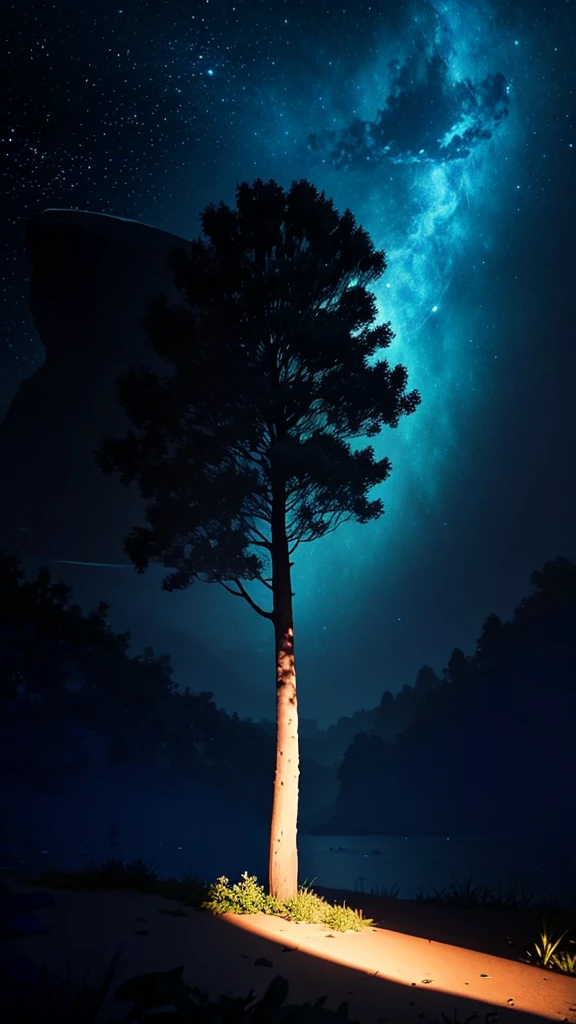 Blue Tree, With moonlight as background, White soil, Height 500 pixels Width 500 pixels