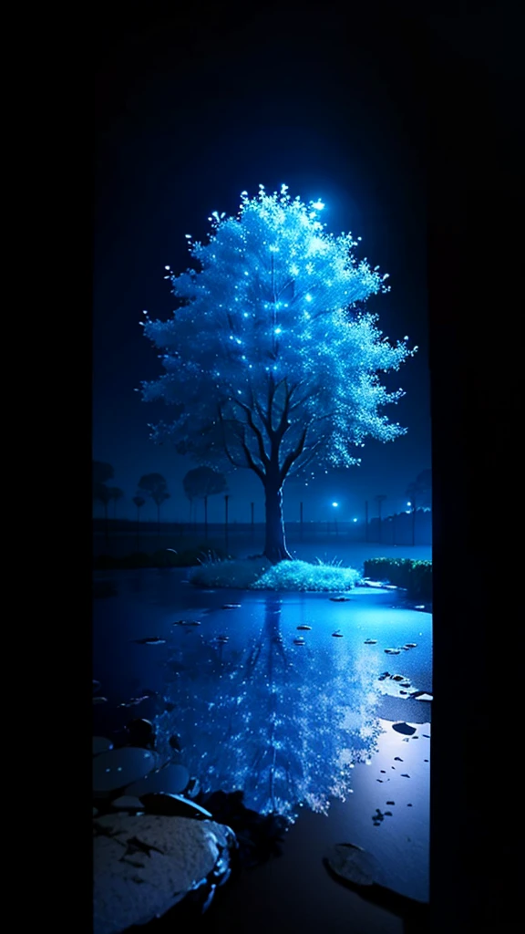 Blue Tree, With moonlight as background, White soil, Height 500 pixels Width 500 pixels  