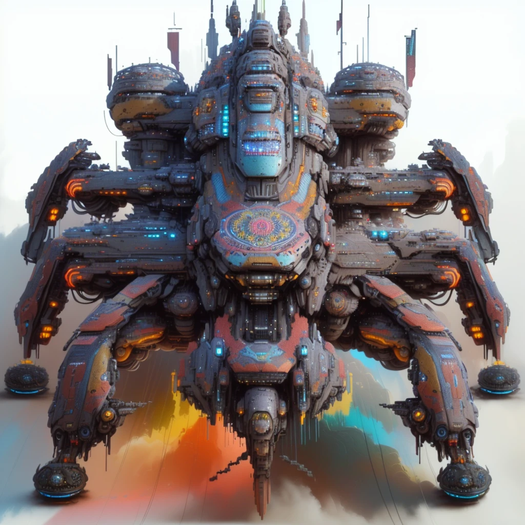 there is a large multicolored spider with many legs, sci-fi highly detailed, intricate artwork. octane render, giant aztec spaceship, colorful sci-fi steampunk, solarpunk space ship, detailed spaceship, big weird spaceship, dread scary spaceship, thomas veyrat intricate, greg beeple, colorful redshift render, painting of ornate space ship