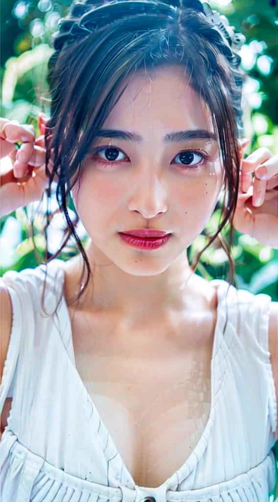 ((((masterpiece, best quality, high resolution)))), Extremely detailed 8K, Beautiful girl with voluptuous body, (Ultra HD, Ultra-detailed, Highly detailed, Highly realistic, Ultra-realistic, photograph realistic), (1girl:1.5), (Realistic white hair), short wavy hair, bob cut, (dynamic poses), facing at camera, light smile, purple eyes, average breasts, (beautiful detailed face, beautiful detailed eyes), (white tank top, thin material), cleavage, dark jean shorts, glow, sweat, (sunbeam, sunlight)