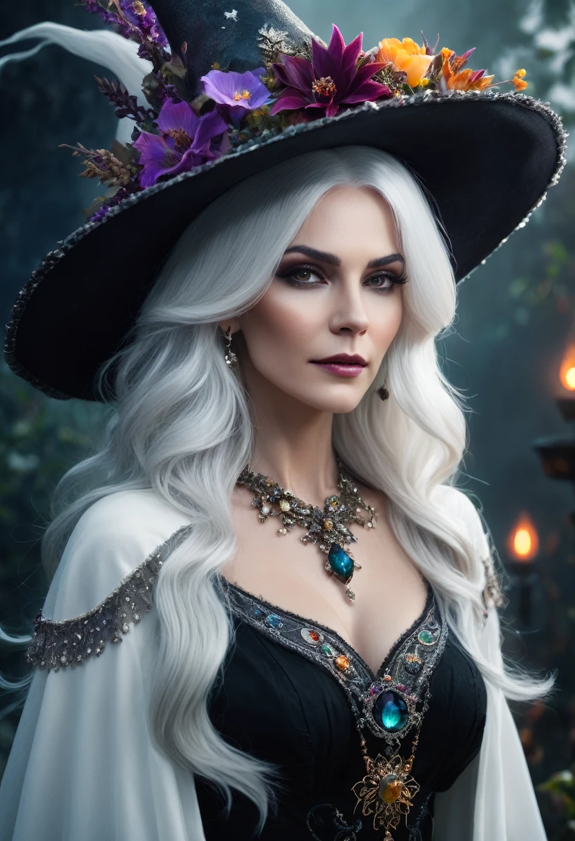 a beautiful woman white hair WITCH WITH A hat and jewels and amazing flowers the Style-RustMagic, Aum, (atmosfera escura:1.2), (Mist & smoke), (noite escura:1.3), Cicatrizes, (shaggy medium length dark hair:1.1), (sombra:1.1), (brilho lindamente detalhado:1.2), (cinematic lighting), detalhe intrincado, high resolution,