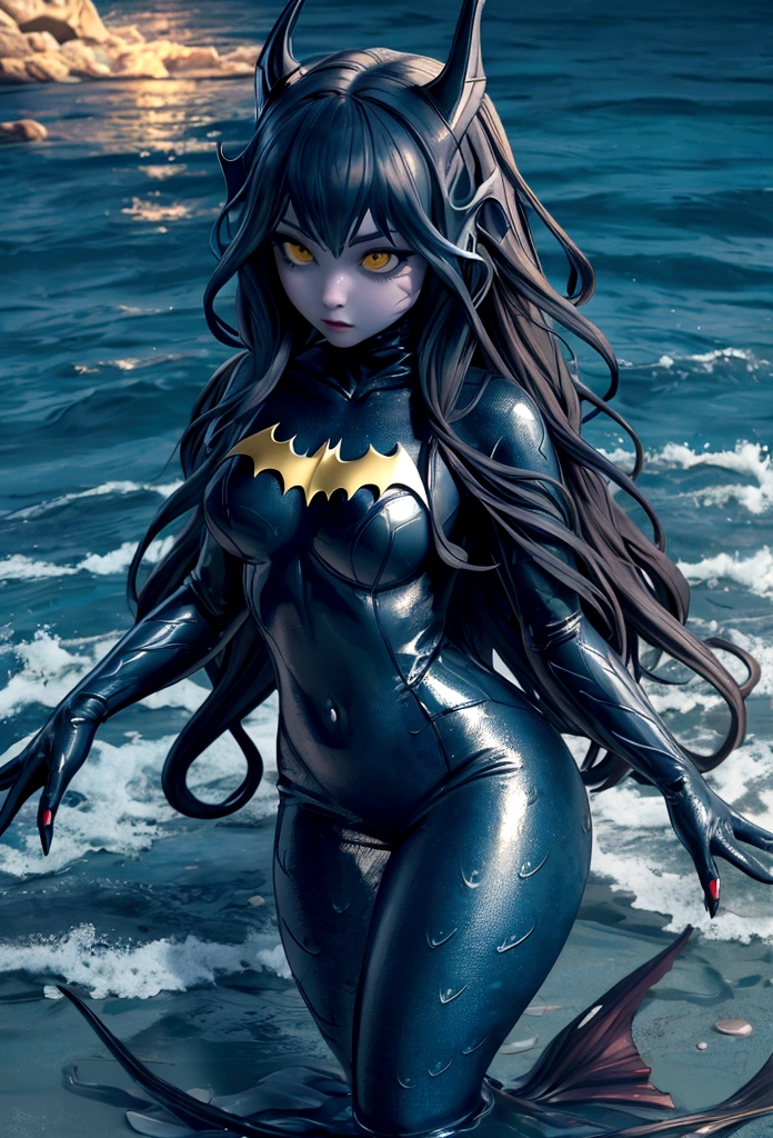 (extremely detailed 8k wallpaper), a medium shot photo of a faceless scary mermaid dressed in a batman Suit well illustrated mermaid, glowing intricate, high detail, dramatic, seaweeds in the background