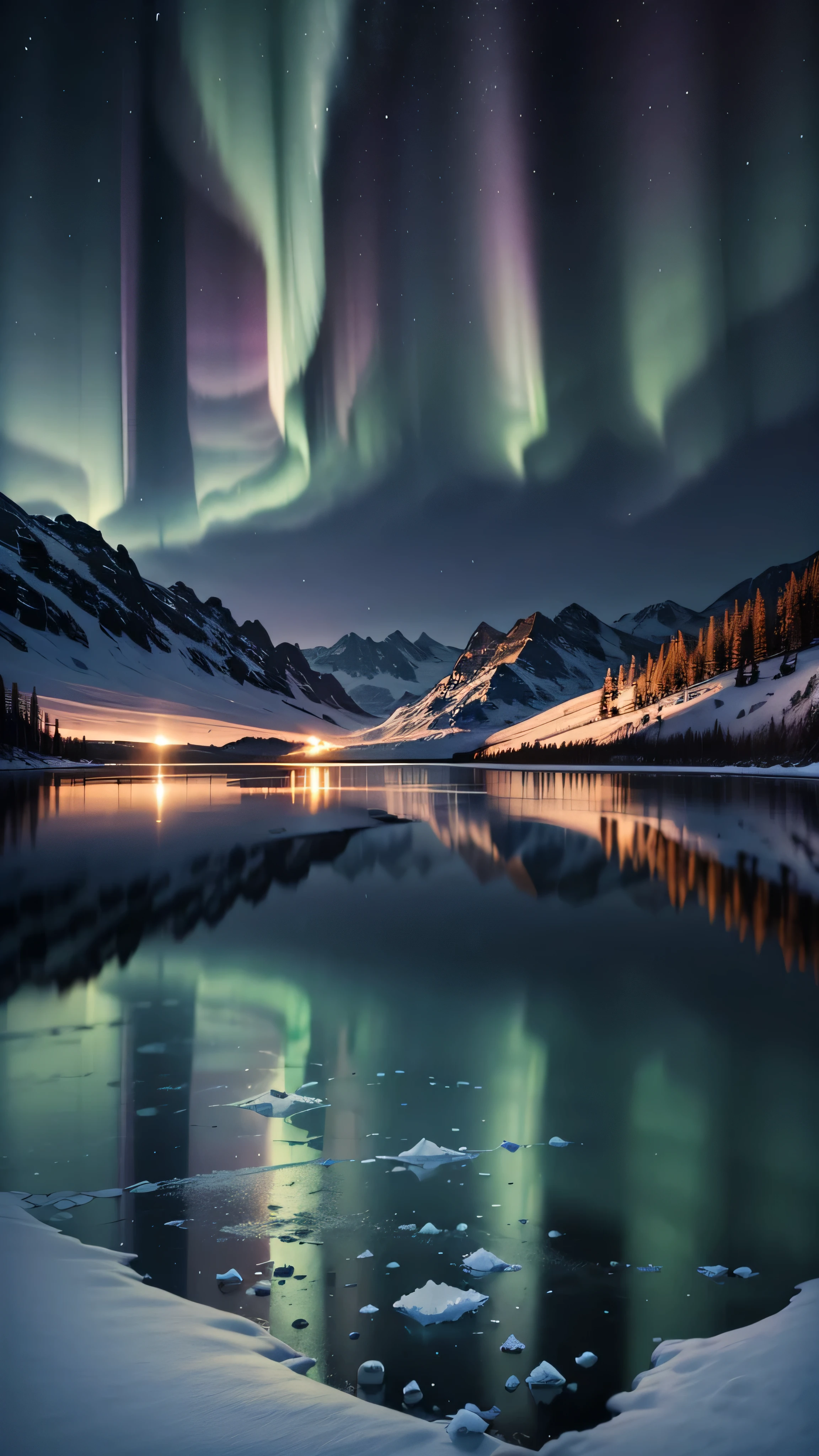 Aurora over a frozen lake:
In cold regions, The aurora reflected on the frozen lake enhances the surreal beauty, Creating a fascinating interplay of light and ice,winter,night,Mountain々