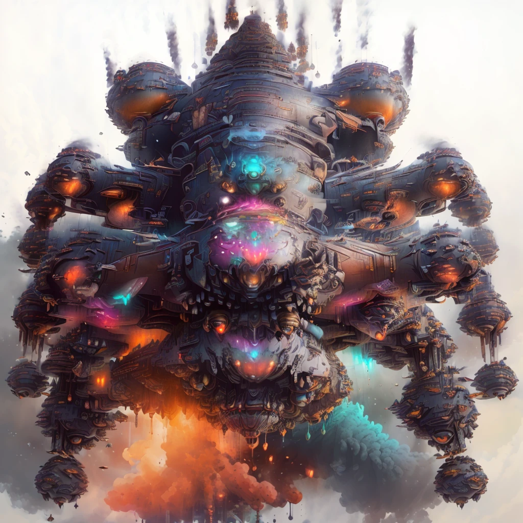 there is a large multicolored spider with many legs, sci-fi highly detailed, intricate artwork. octane render, giant aztec spaceship, colorful sci-fi steampunk, solarpunk space ship, detailed spaceship, big weird spaceship, dread scary spaceship, thomas veyrat intricate, greg beeple, colorful redshift render, painting of ornate space ship
