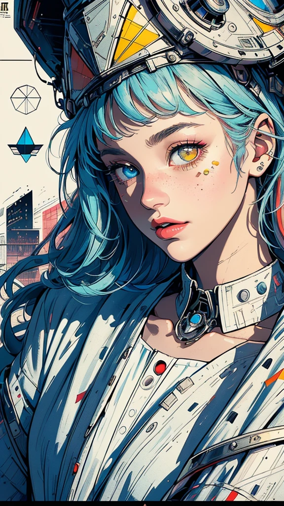 (((masterpiece, highest quality))),(((solo:1.2))),(((1girl:1.2))),32k wallpaper, very detailed, poster, vintage science fiction, 1960s,(((((geometric cinematic movie poster))))), (bauhaus), shape,(((abstract))), mid century modern, movie poster, vintage, Perfect Lady,1970's, halftone, speech bubble,(((portfolio,Close-up))),(((various angle))),(((bust up))),((highlight)),Vast landscape,((((heterochromia)))),(((complete. detailed face))),(((Extremely talented))),(((most complecated machine)))