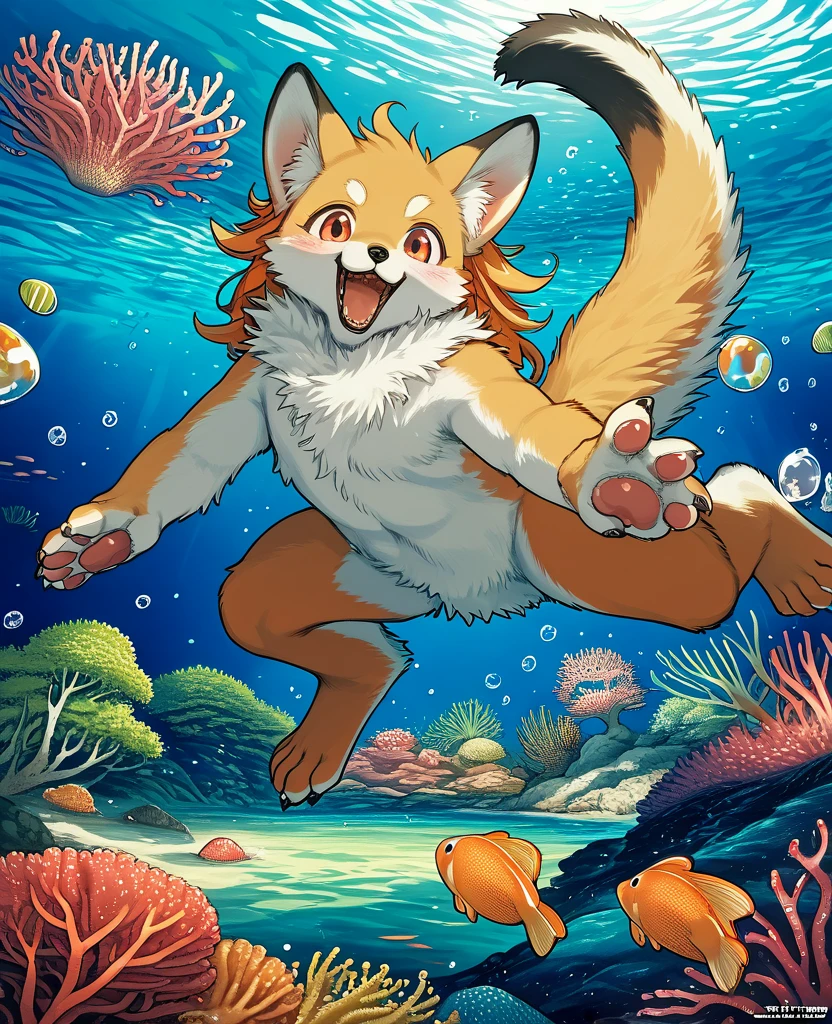 cover_page, High resolution, highest quality, highest quality, Paid reward available, High-quality illustrations, An unparalleled masterpiece, Perfect artwork, Absurd, 超High resolution, Detailed Background, seabed, Coral Reef, bubble, 6+boy, 6+girl, Happy, Joyful(Photos of solo travelers)(kemono, Furry Personification),