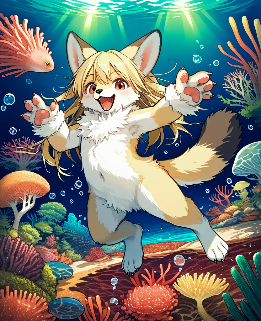 cover_page, High resolution, highest quality, highest quality, Paid reward available, High-quality illustrations, An unparalleled masterpiece, Perfect artwork, Absurd, 超High resolution, Detailed Background, seabed, Coral Reef, bubble, 6+boy, 6+girl, Happy, Joyful(Photos of solo travelers)(kemono, Furry Personification),