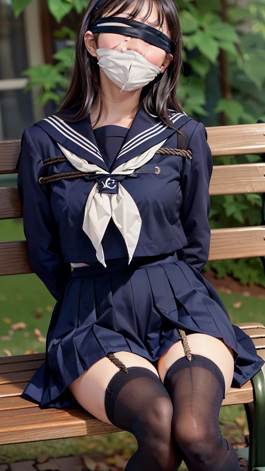 (Highly detailed CG unity 8k), (highest quality)，(very detailed)，(ultra high resolution), 1 female, (sailor uniform:1.4), rope bondage, breasts rope bondage, hands back rope bondage, leg rope bondage, thigh rope bondage, (bust rope bondage:1.4), feet rope bondage, Arms behind the waist, bound wrists, shackles the ankles, gag with a white cloth, Dark blue skirt, Park bench, (Blindfolded:1.4), Legs together, Tie your ankles, Black Hair, high school girl, (Black Stockings:1.4), Black garter belt, Brown Loafers, Crying face, (White headband:1.4), Blur the background,OTN,