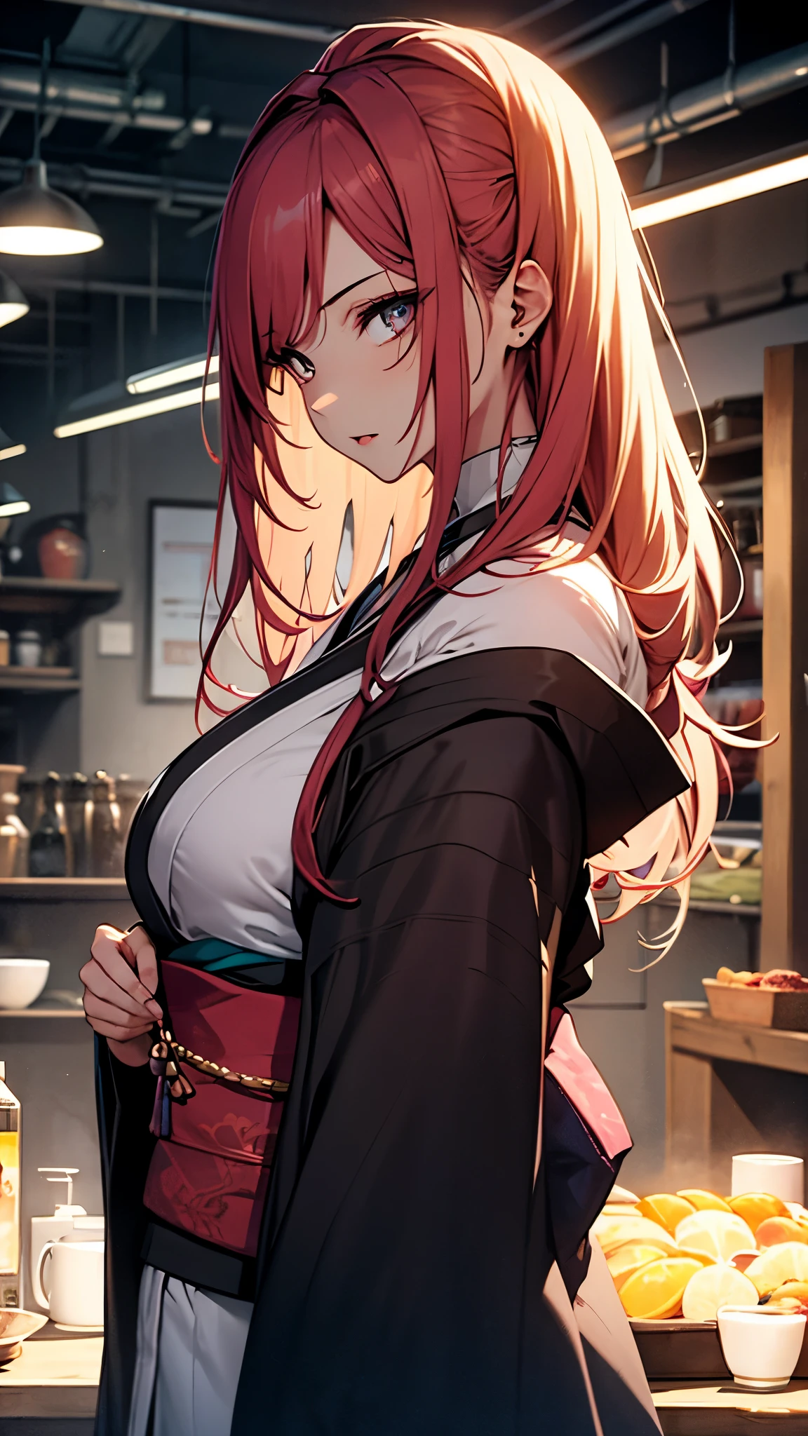 (1girl:1.3), Masterpiece, Best quality, amazing beauty, [[3D]], 4K, absurdres, finely detail, super detailed eye, perfect anatomy, official art, cinematic lighting, BREAK, cafe, silky long hair, red hair, super shiny detailed black eye, big eyes, cute eyes, thin eyebrow, （retreating figure）, close-mouth, thin lips, BREAK , usually, tall, medium, fair skin, detailed skin, Are standing, profile, from front, Bright Lighting, BREAK , (kimono:1.2), prostitute,