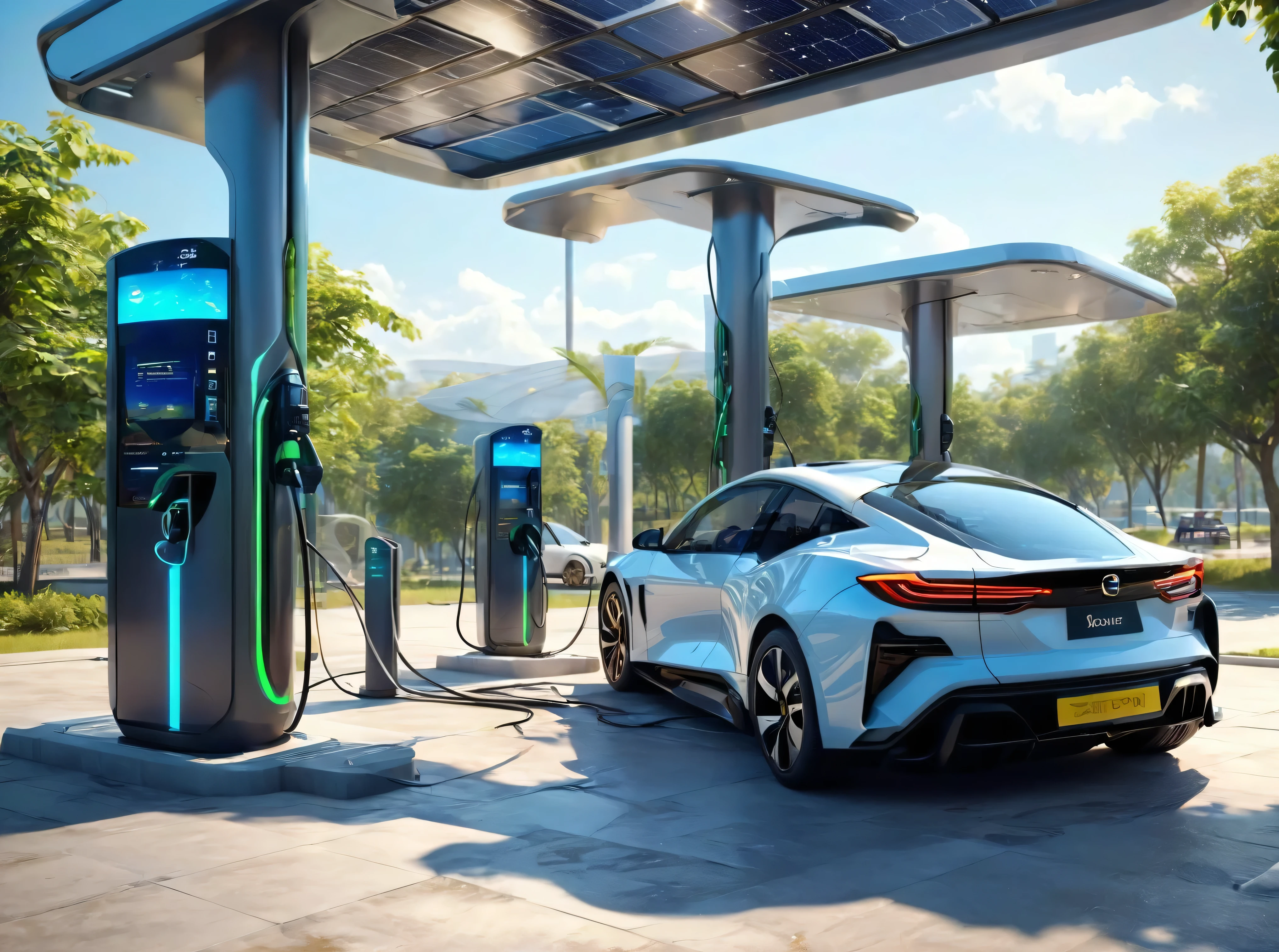 Design a futuristic charging station for electric vehicles, with solar panels providing the energy. The background includes cars charging, drivers relaxing in a shaded area, and the station's sleek, modern design