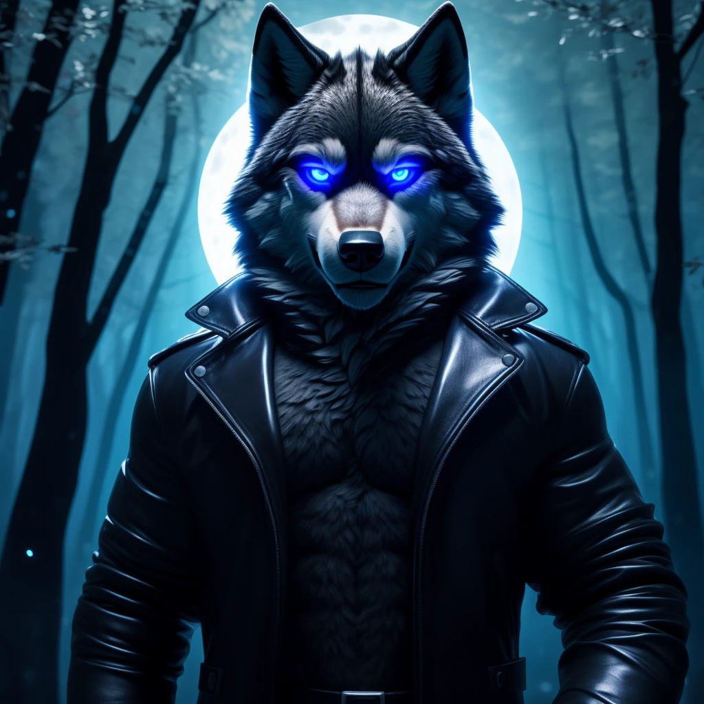 Posing, Male, 30 years old, biting lip smile, black leather jacket, bedroom eyes, anthro, wolf ears, (blakck fur:1.5), wolf, forest background at night, 8k, hi res, (best quality, masterpiece), blue glowing eyes, (wolf tail:1.5), detailed fur