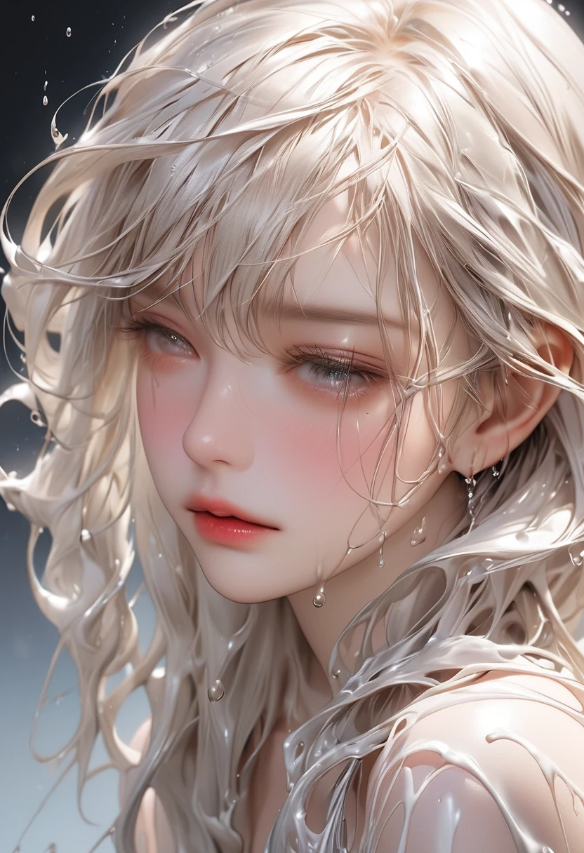 RAW Photos:1.2, masterpiece, highest quality, 16k, Unbelievably absurd, Very detailed, Perfect beauty, Beautiful cute girl, Flowing platinum blonde, Close-up face, Looking down, Wet Hair, Splash
