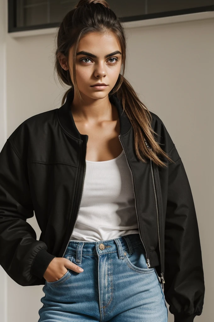 photograph of a 20 year old woman, cara perfecta, obra maestra, Bien, ropa interior, negro_Bien, chaqueta, negro_bragas