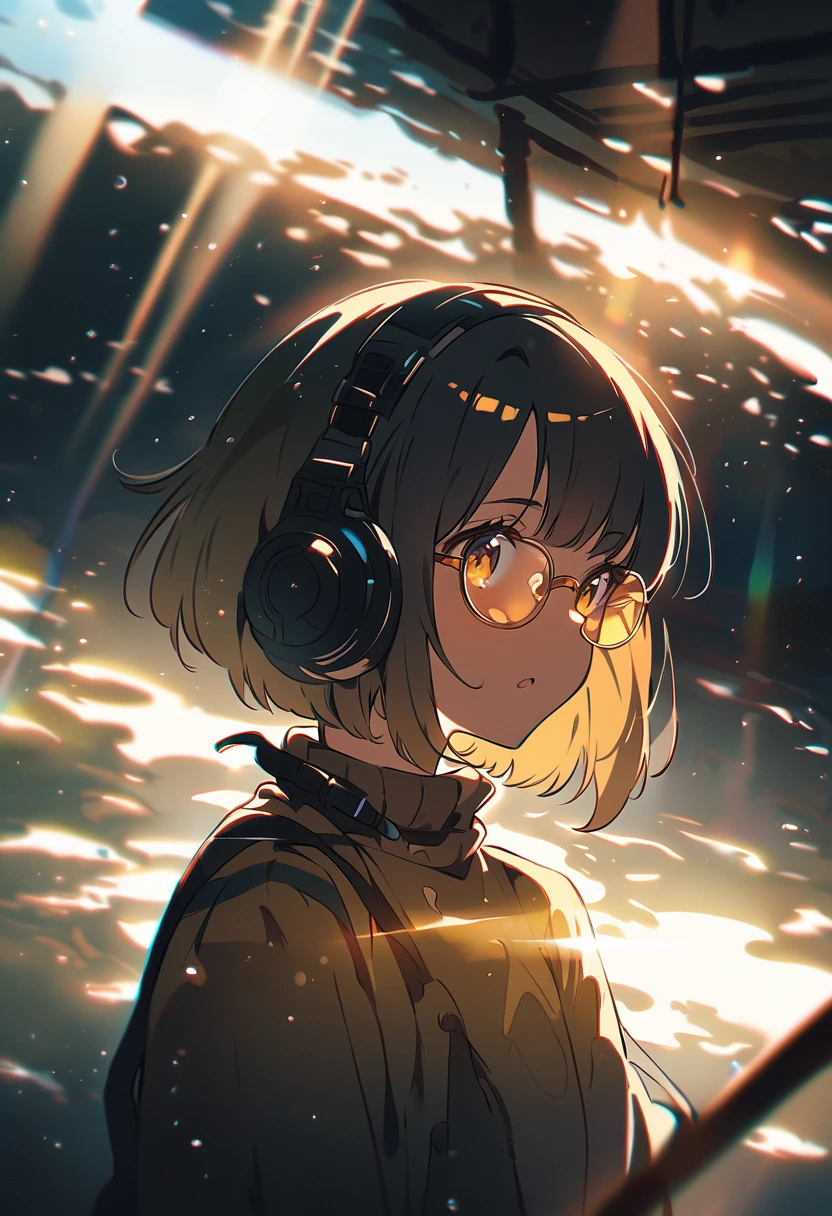 (extremely detailed fine touch:1.3), (hard light, studio light, light rays, dappled light, reflection, shadows, ray tracing:1.0), (2D:1.3), ///, kawaii girl, scuba diving, beautiful sea, playing with Jaws, (super very short hair:1.3), surrounded by shining light, (((yellow glasses:1.3))), underrim_metal, headphones,