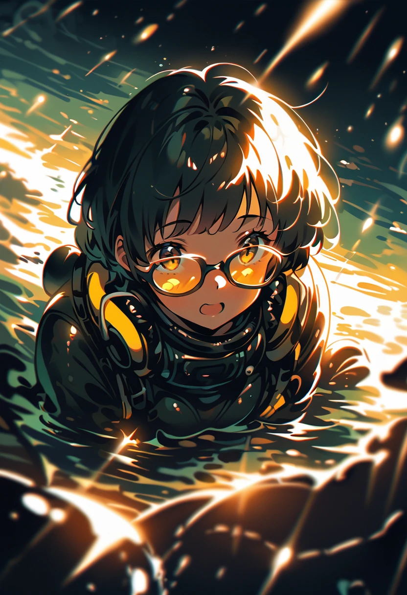 (extremely detailed fine touch:1.3), (hard light, studio light, light rays, dappled light, reflection, shadows, ray tracing:1.0), (2D:1.3), ///, kawaii girl, scuba diving, beautiful sea, playing with Jaws, (super very short hair:1.3), surrounded by shining light, (((yellow glasses:1.3))), underrim_metal, headphones,