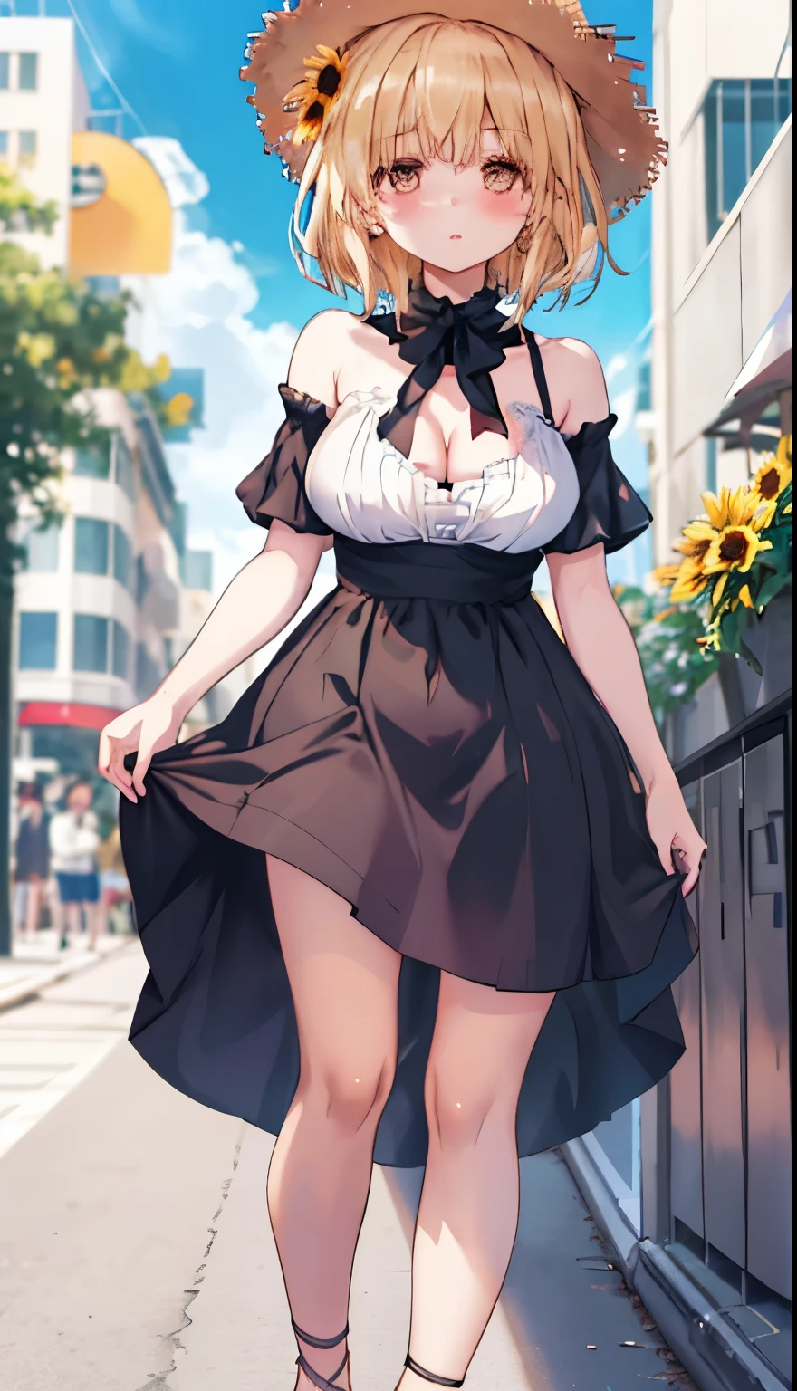 One Girl、Blonde、Shiina Mayu、positive、Standing posture、Full body portrait、Medium Haircut、blush、Absolute area、No panties、No bra、barefoot、White dress、Off-the-shoulder dress、（Very large breasts）、Cleavage、((Lesbians around the world))、masterpiece、（highest quality）、barefoot、((White high heels))、Bare your breasts、sunflower、Outdoor、Very short skirt、Thighs、Straw hat、((Exposing the breasts))、((Bare your breasts))、((Showing nipples))