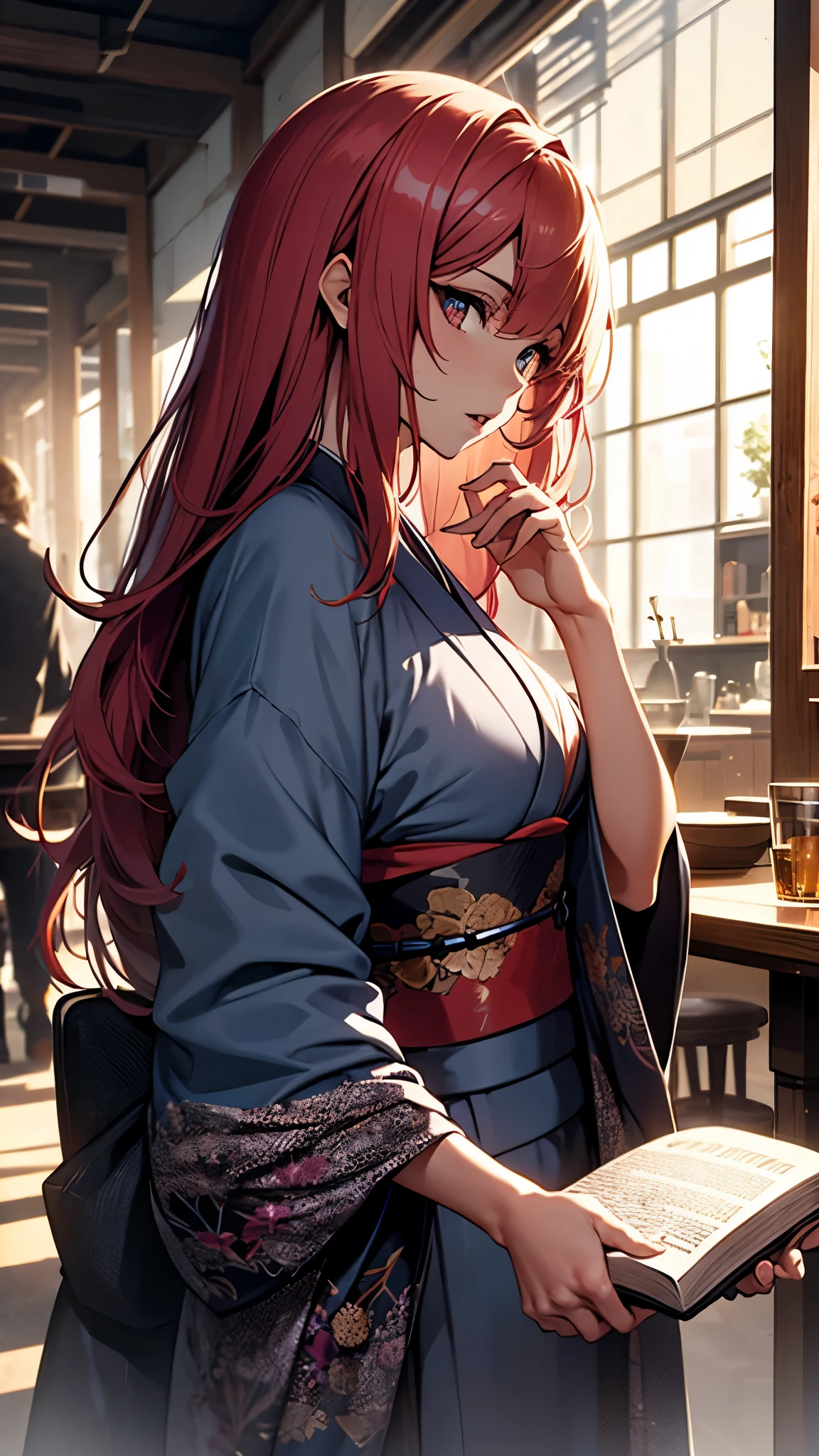 (1girl:1.3), Masterpiece, Best quality, amazing beauty, [[3D]], 4K, absurdres, finely detail, super detailed eye, perfect anatomy, official art, cinematic lighting, BREAK, cafe, silky long hair, red hair, super shiny detailed black eye, big eyes, cute eyes, thin eyebrow, （retreating figure）, close-mouth, thin lips, BREAK , usually, tall, medium, fair skin, detailed skin, Are standing, profile, from front, Bright Lighting, BREAK , (kimono:1.2), prostitute, She's sitting in a chair reading a book.