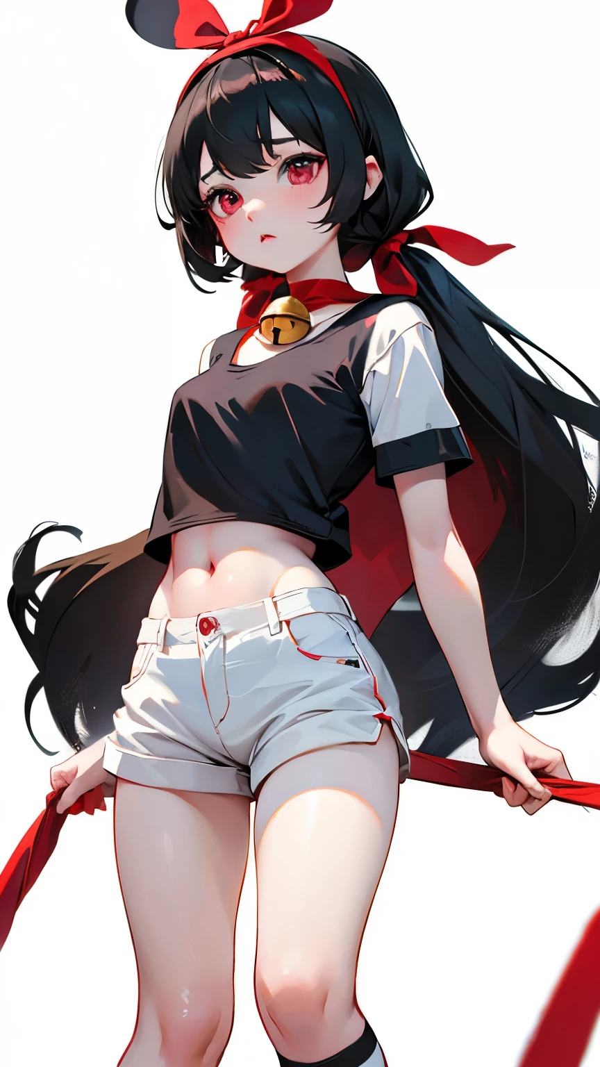 highest quality、masterpiece、Cute single girl、solo、Very short stature、Thin thighs、Small breasts、Big ribbon headband、Red headband、Red cheeks and nose、The navel is visible、Black knee socks、Short T-shirt、White shirt、Black hot pants、Blurred Background、summer night、The sound of bell crickets