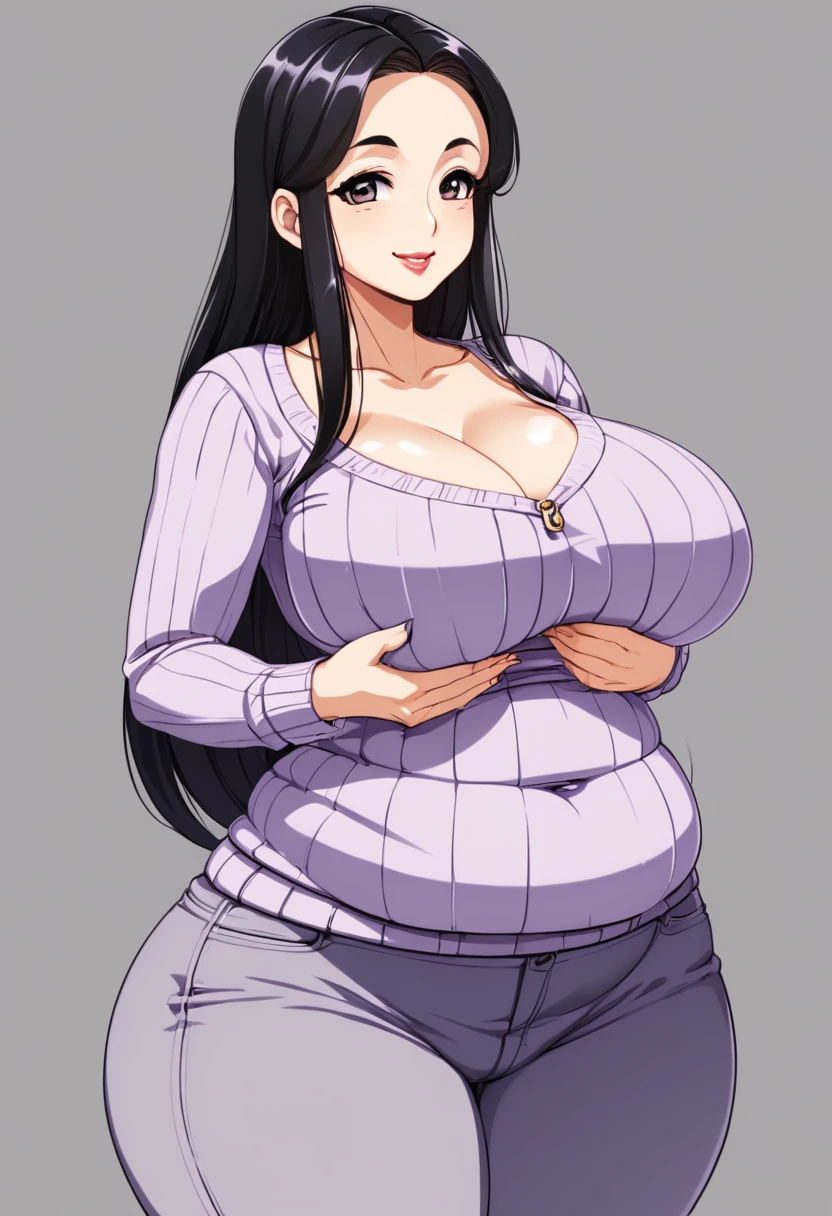 obese and thicc milf , silk waist-long dark hair , big round firm belly, sweater and pants, soft smile, motherly and nurturing, look, cute, tight clothes, tight pants, pants unbuttoned, pants unzipped, belly spilling out
