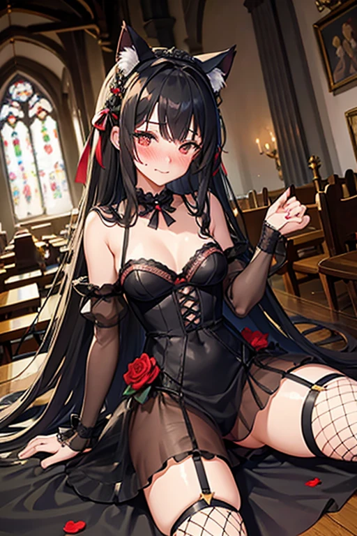 18 yeas old, girl, black hair, long hair, slim, big tits, narrow red eyes, cute, cat ears, (embarrassed, blush:1.3), smiling, goth, black lace, wedding dress, See-through, ribbon, fishnet, garter belt, frills, Kneesocks, high heels, blue rose, headdress, frontal, spread legs, church,
