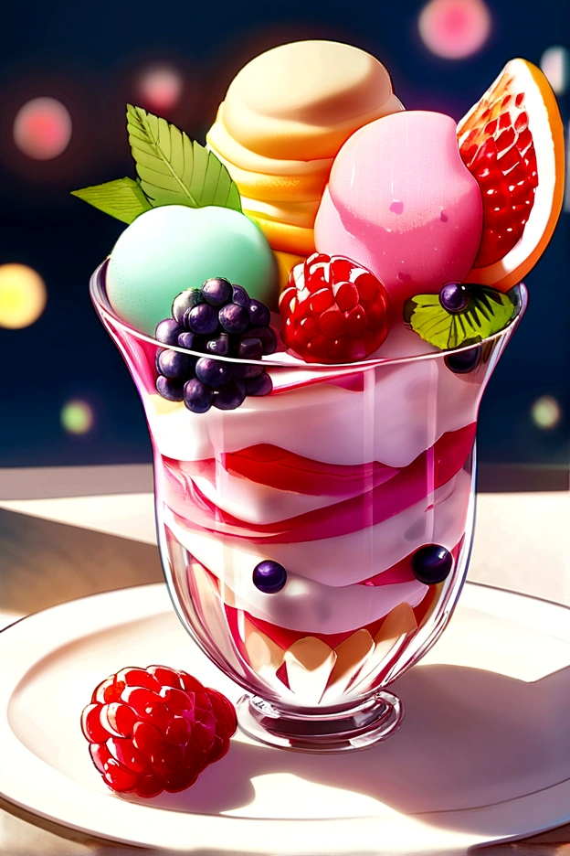 Production:A summer dessert of vanilla ice cream decorated with assorted berries