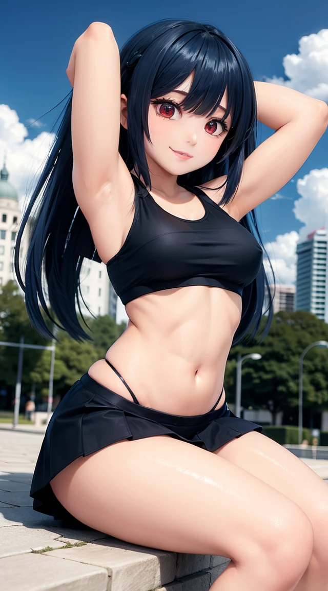 (cabello despeinado), (illustration), retrato, (fondo de ciudad futurista), (arms behind back), Cintura delgada, gran sonrisa, abdominales fuertes, chica delgada, strong abs, muscle girl, front pose, big thighs, focus on face, flat chested, large city background, blue hair, red eyes, skirt, sit on rock, detailed vagina, nude, sailor suit
