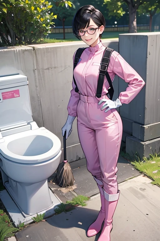 Wearing large pink rubber gloves and white rubber boots、A woman with short hair, glasses and black hair wearing a blue long-sleeved jumpsuit cleans a dirty public toilet in a park with a gentle smile