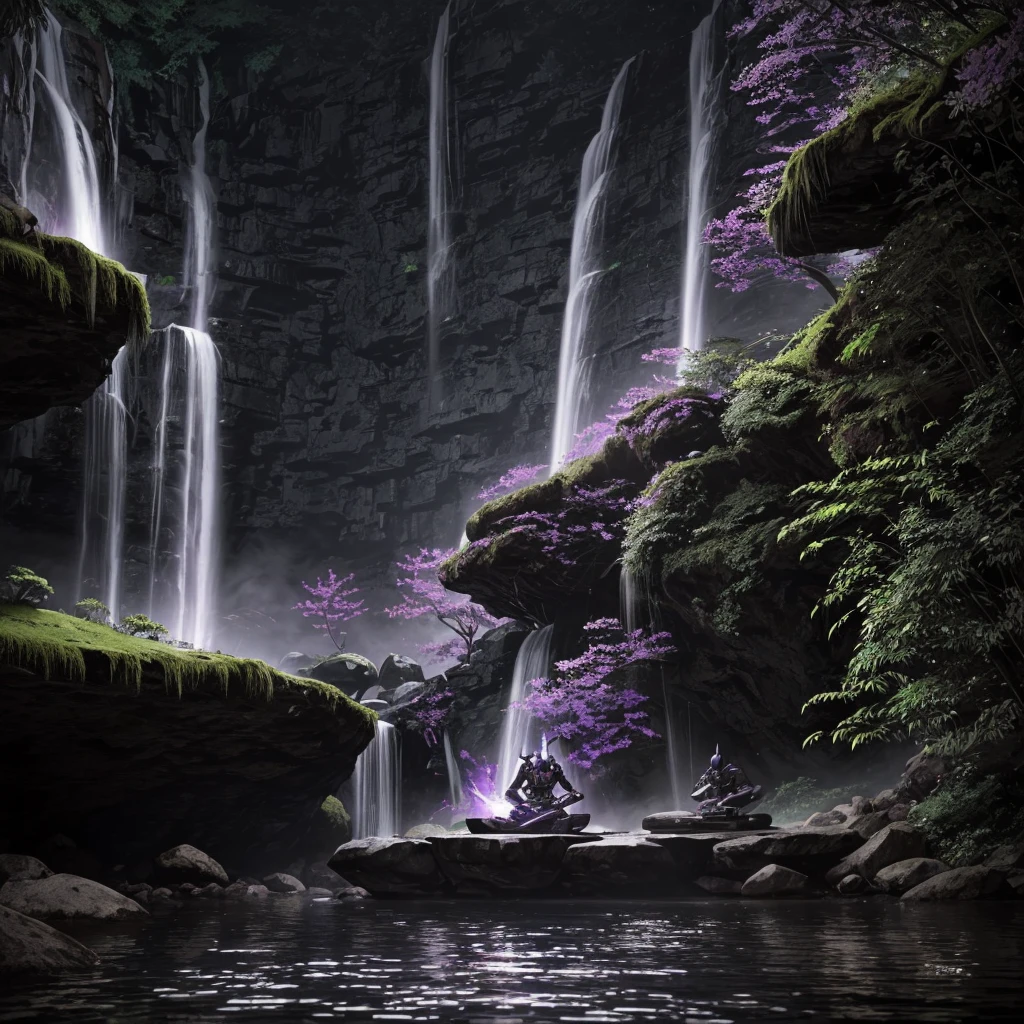 a purple purple eyed samurai mecha, ethereal theme and mecha, black octane rendering, mecha aesthetic, realistic mecha aesthetic, Incredibly detailed octane rendering, black mecha, 8k octane rendered, background a waterfall, the character is meditating in a cave which is behind this waterfall, the environment is dark but well lit, the character displays many details in addition to his hands making signs of meditation, in the background he is meditating in a cave behind a waterfall