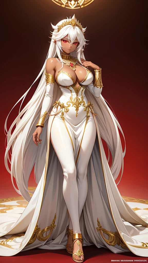 Beautiful woman with long white hair, dark skin and red eyes in white evening dress,gold tiara,Gold ornaments,gold necklace,,Bare Legs,sandals,((best quality)), ((masterpiece)), (detailed:1.4), Anime style,White Rose,desert,river