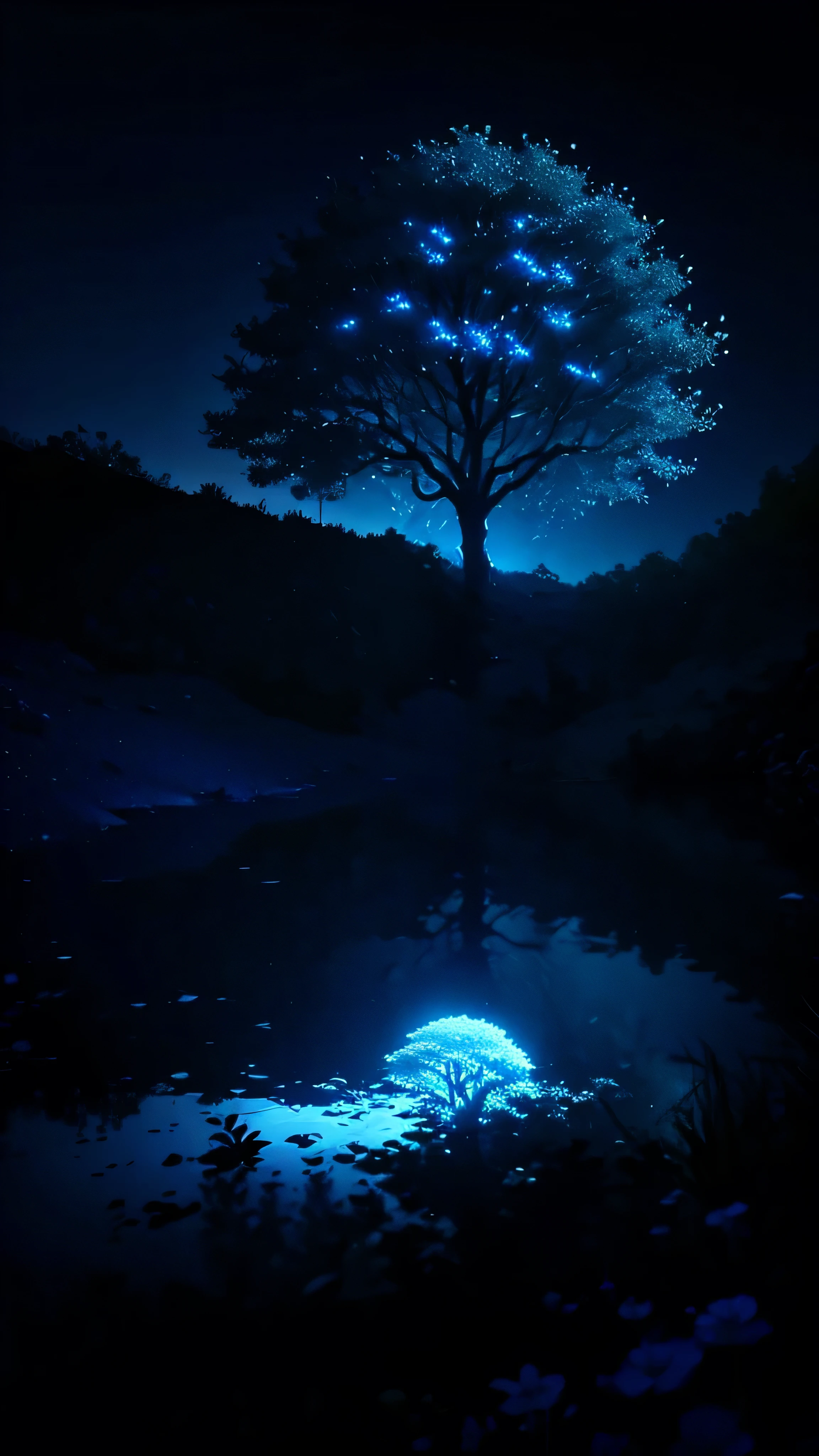 Blue Tree, With moonlight as background, White soil, Height 500 pixels Width 500 pixels