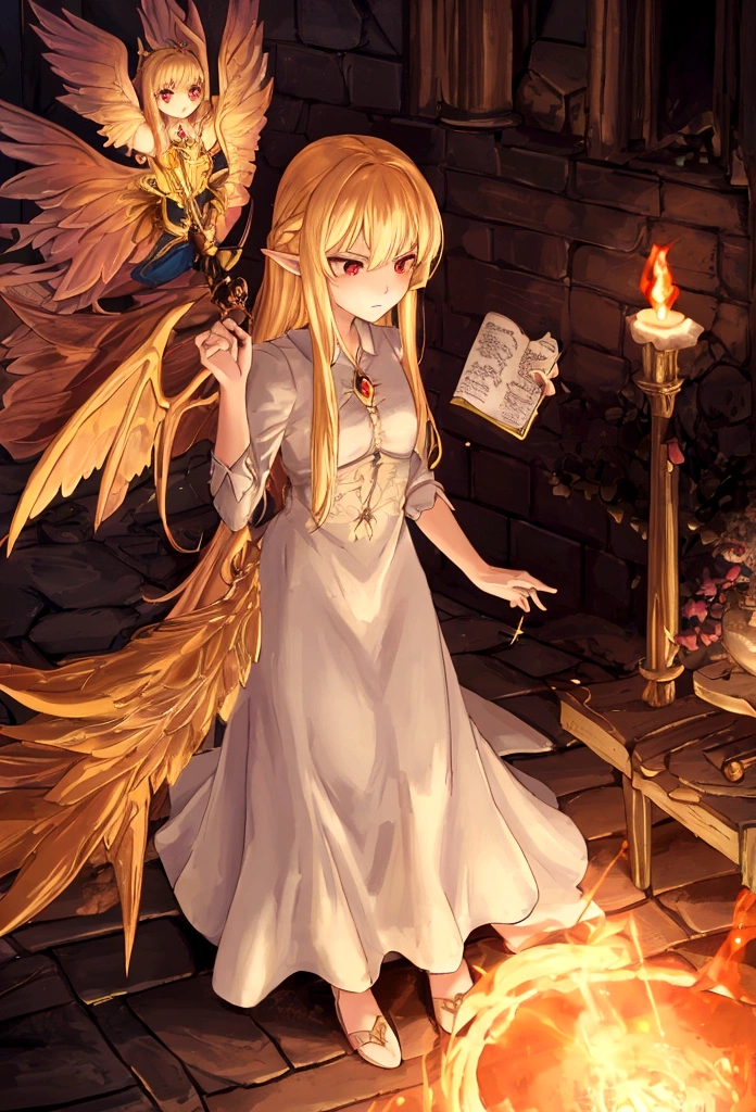 Fairy girl with wings and a book in hand, Classic Long Dress, Fairy Wings, Red eyes and Blonde Hair, Golden Hair, Serious face, Magic, arcane powers, RPG Character, pointy ears, look serious, casting a spell, casting a fire spell, fire, 4k, full hd