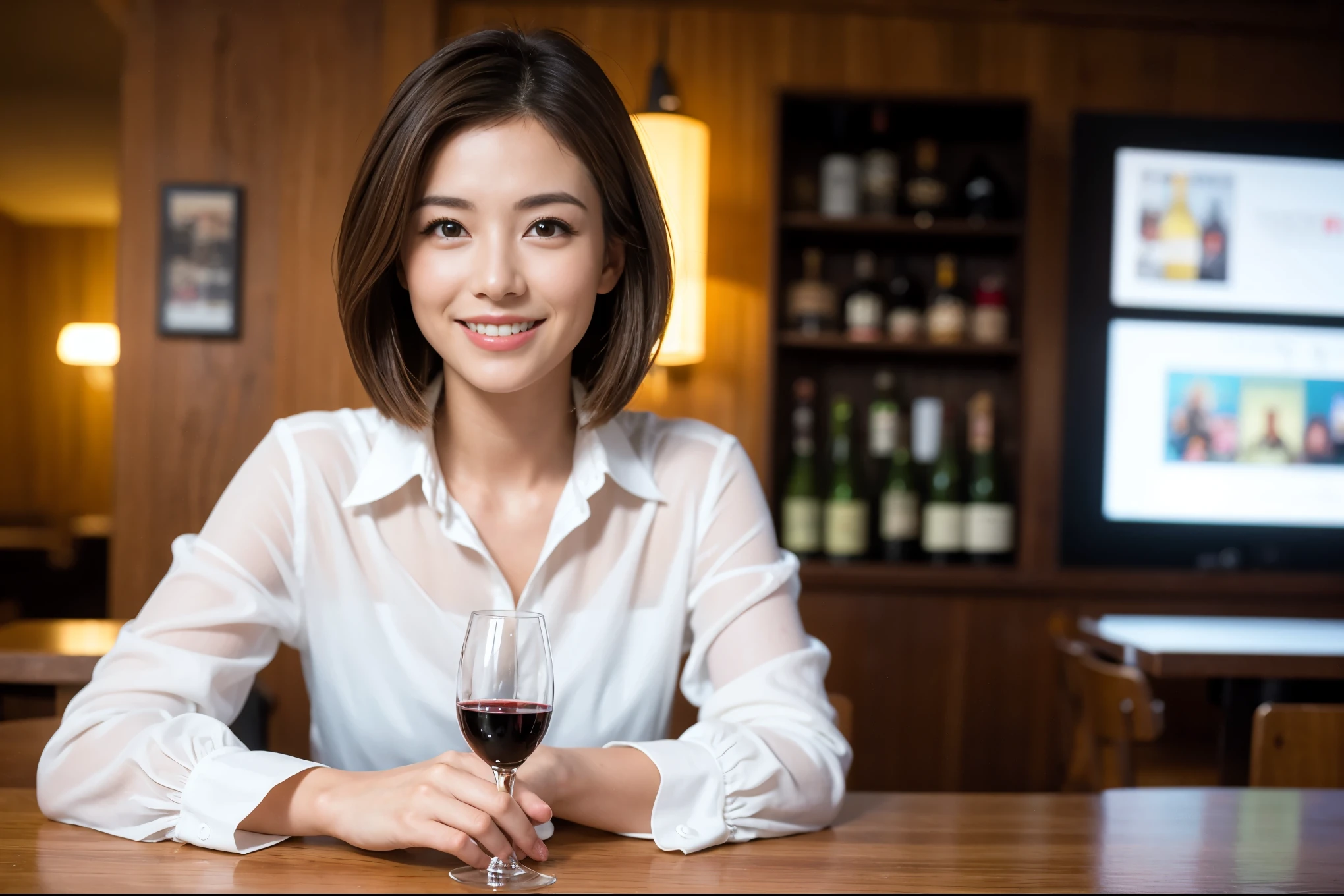 ((highest quality、8k、masterpiece:1.3))、1 male、1 female、Couple、spouse、Couple、The body is slim、((Bob Hale、Straight hair:1.2)), (Realistic, Intricate details:1.2), テーブルの上のwine glass、Put the light on your face、 Amazing view of the sunset sky and clouds、Amazing mountain views、A bright smile、The wonderfulness of smile、Bright image、The beauty of wine, Beautiful Face, blue eyes, The light shines on your face, Blushing, short hair,Bright Face、 (Age 37), 39 years old, red wine 、Appetizers、Italian food、Wine bottle、Champagne、sparkling wine、Two beauties、Brown Hair、Shortcuts、Long sleeve shirt、dress、Pretty Woman 1, (slimな顔), (The body is slim), (Brown Hair), (Shortcuts), cheeks turn a little red,Attractive beauty、restaurant, In a prominent place (From the waist up) Nova Frog Style, actress, model, Upper Body, White wine, slim, wine glass, 中央に置かれたwine glass, smile, (smile: 1.15), Beautiful fine grain, Depth f/2,saturation, High Contrast, Strong light and shadow,Moist Body:1.5、3D texture、Delicate eyes、Brown Hair、The hair is very shiny、