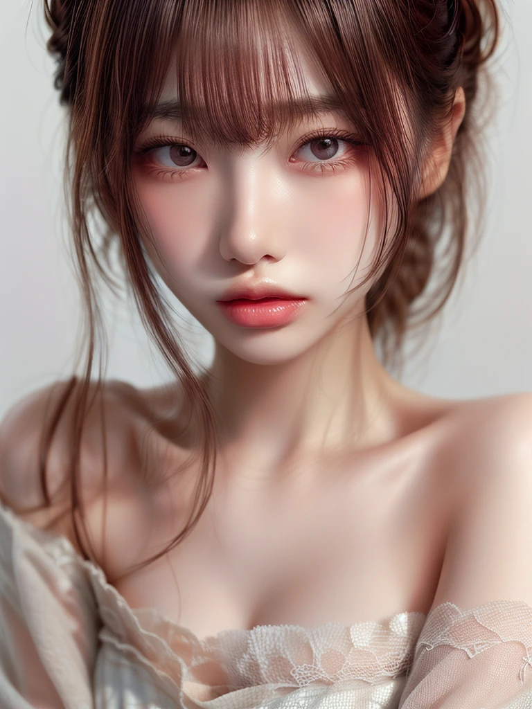 masterpiece, 1 beautiful girl, fine grain, Swollen eyes, highest quality, Ultra High resolution, (reality: 1.4), Cinema Lighting, Japanese, Asian Beauty, Korean, so beautiful, Beautiful Skin, thin, Body facing forward, (Ultra-realistic), (High resolution), (8k), (Very detailed), ( Best illustrations), (Beautiful and exquisite), (Very detailed), (wallpaper), Detailed face, Bright lighting, Professional Lighting, View your audience, Look straight ahead, White Dress, 46 point diagonal bangs, White Background、Off-the-shoulder dress 1.5、Lace fabric、Transparency、Transparency、Mid Shot、