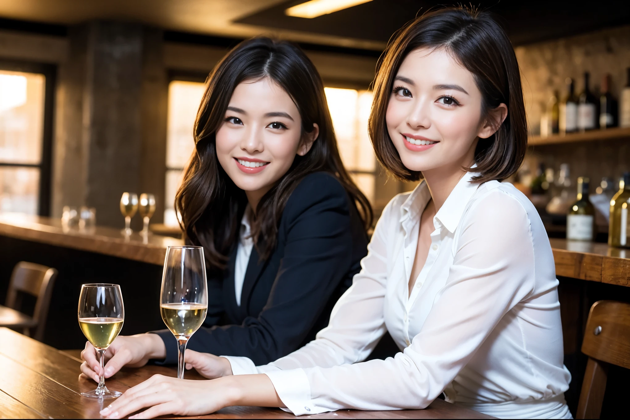((highest quality、8k、masterpiece:1.3))、1 male、1 female、Couple、spouse、Couple、The body is slim、((Bob Hale、Straight hair:1.2)), (Realistic, Intricate details:1.2), テーブルの上のwine glass、Put the light on your face、 Amazing view of the sunset sky and clouds、Amazing mountain views、A bright smile、The wonderfulness of smile、Bright image、The beauty of wine, Beautiful Face, blue eyes, The light shines on your face, Blushing, short hair,Bright Face、 (Age 37), 39 years old, red wine 、Appetizers、Italian food、Wine bottle、Champagne、sparkling wine、Two beauties、Brown Hair、Shortcuts、Long sleeve shirt、dress、Pretty Woman 1, (slimな顔), (The body is slim), (Brown Hair), (Shortcuts), cheeks turn a little red,Attractive beauty、restaurant, In a prominent place (From the waist up) Nova Frog Style, actress, model, Upper Body, White wine, slim, wine glass, 中央に置かれたwine glass, smile, (smile: 1.15), Beautiful fine grain, Depth f/2,saturation, High Contrast, Strong light and shadow,Moist Body:1.5、3D texture、Delicate eyes、Brown Hair、The hair is very shiny、