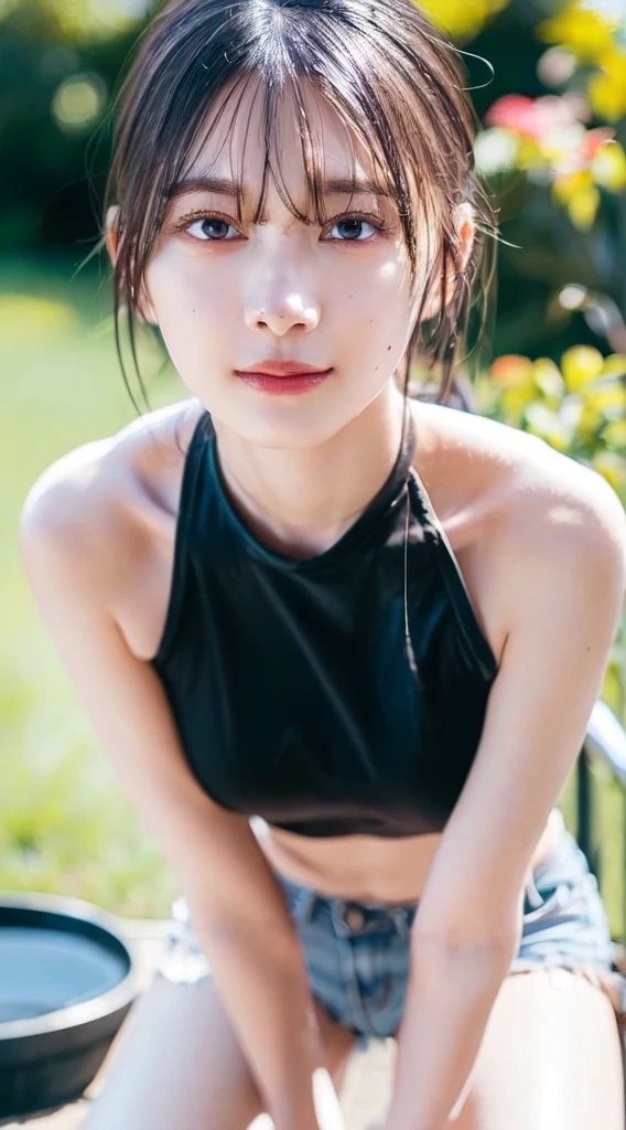 ((((masterpiece, best quality, high resolution)))), Extremely detailed 8K, Beautiful girl with voluptuous body, (Ultra HD, Ultra-detailed, Highly detailed, Highly realistic, Ultra-realistic, photograph realistic), (1girl:1.5), (Realistic white hair), short wavy black hair, bob cut, (dynamic poses), facing at camera, light smile, purple eyes, average breasts, (beautiful detailed face, beautiful detailed eyes), (white tank top, thin material), cleavage, dark jean shorts, glow, sweat, (sunbeam, sunlight)