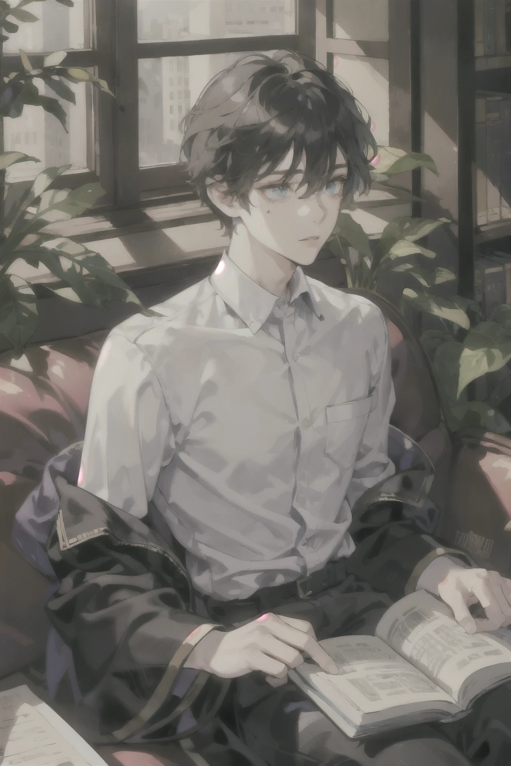 masterpiece, best quality, ultra detailed, (solo man), (male focus), ((Oblong face)), ((Square jawline)), black hair, ((hairs between eyes)), ((shoulder length)), ((narrow blue eye)), fair skin, skinny body, beauty mark, {uniform, outfit, clothes}, dress shirt, watch, sitting on sofa, Reading position, read a book, look down at a book, ((looking away))
