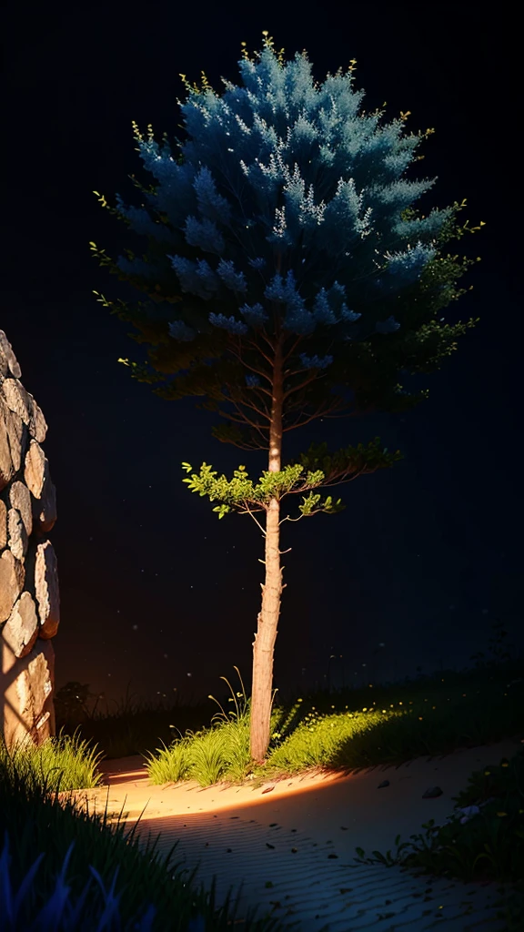 Blue Tree, With moonlight as background, White soil, Height 500 pixels Width 500 pixels