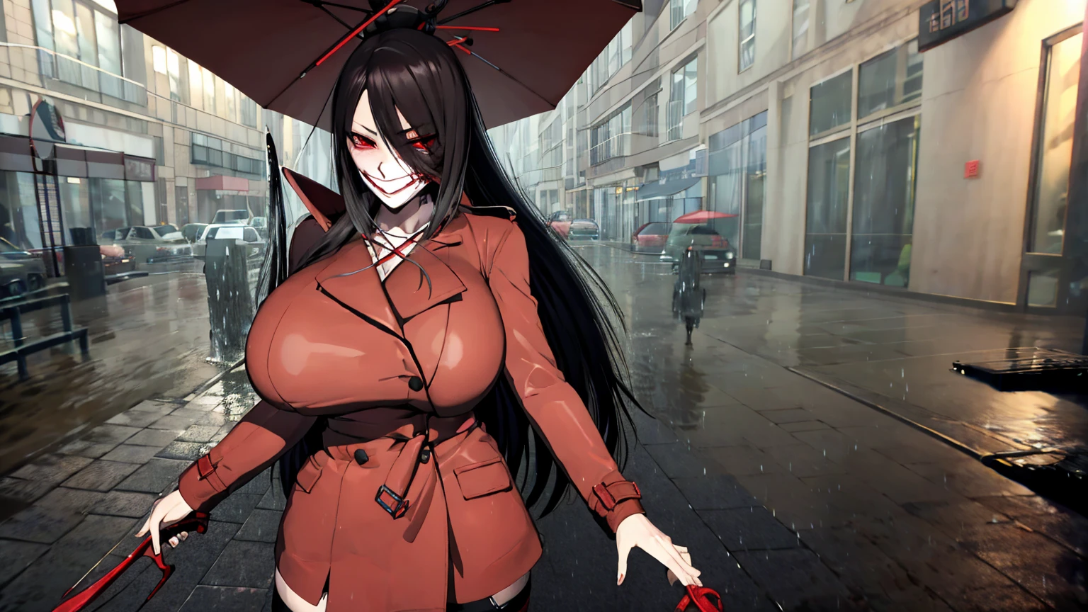 Kuchisake-onna Super Extra large breasts breast enlargement, red coat, long hair, red eyes, black garter stockings, black bikini, full-body shot, looking at the camera, standing alone in the rain, holding a large scissor in her right hand, lips split, stitches, smiling, blushing, shy