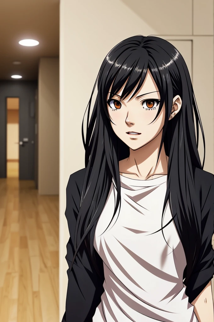 Anime manga artstyle of Haikyuu. Woman, white skin. Eyes Honey. Hair is black and long.