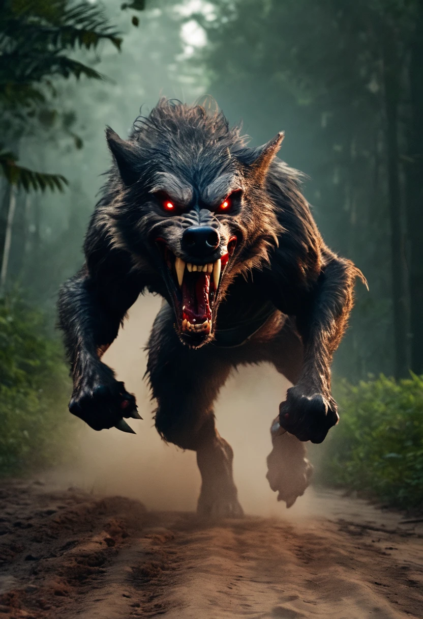 Brazil, 70s, night, a terrible and ferocious werewolf with sharp claws and large fangs, red eyes, running on a dirt road, in the forest. Cinema scene, realistic photo, 8k.